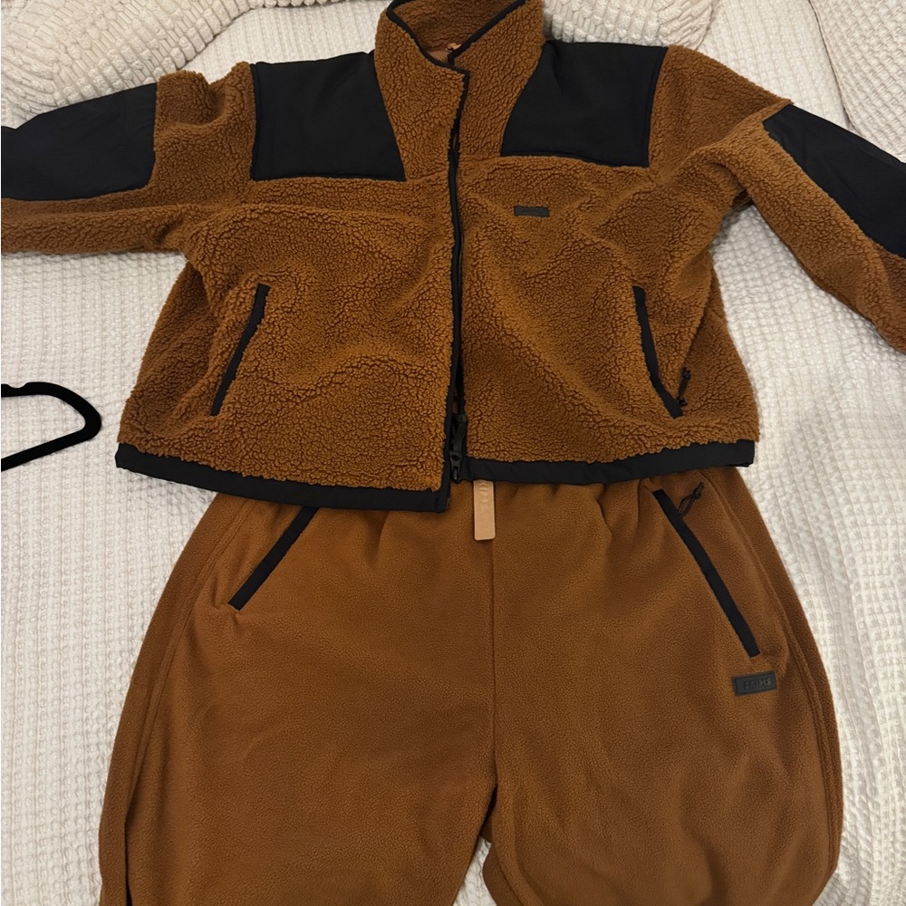 Brown and Black Fleece Jacket and Pants Set